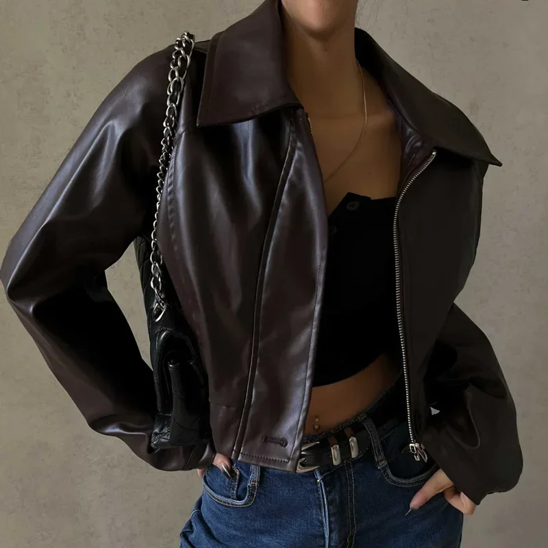 Faux Leather Jacket Women Fashion Brown PU Oversized Jacket Turn-Down Collar Zipper Cropped Jacket Coat Autumn Winter 2024