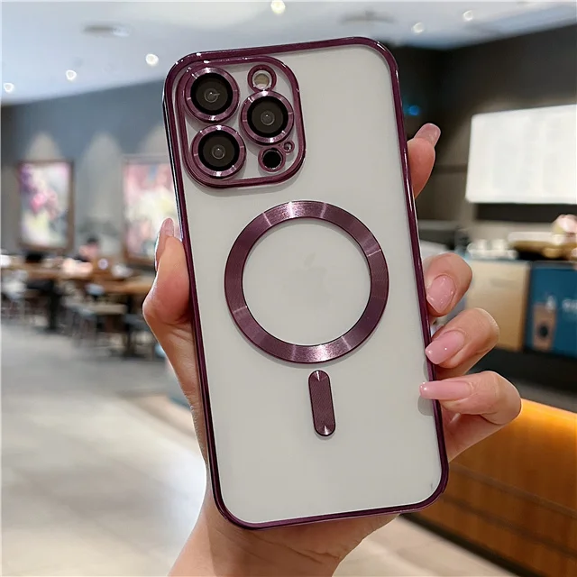 thumbnail image 1 of For Magsafe iPhone 14 Pro Case Luxury Plating Clear Magnetic Silicone Case For iPhone 13 12 11 Pro Max Soft Shockproof Cover, 1 of 5