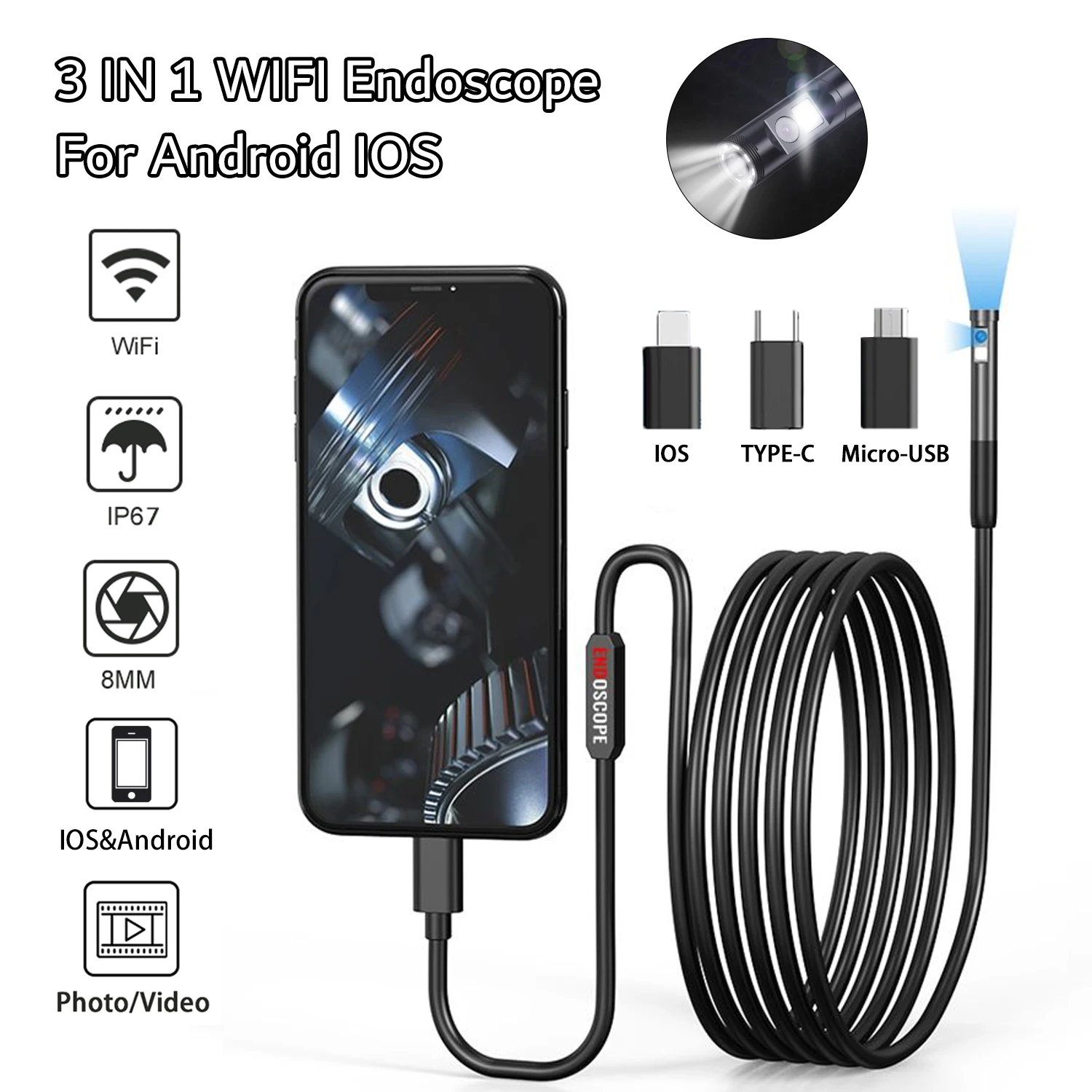 

WiFi 1080P Endoscope Camera Single&Dual 8MM Lens Waterproof Borescope For IPhone Android Smart Phone USB-C Car Sewer Inspection