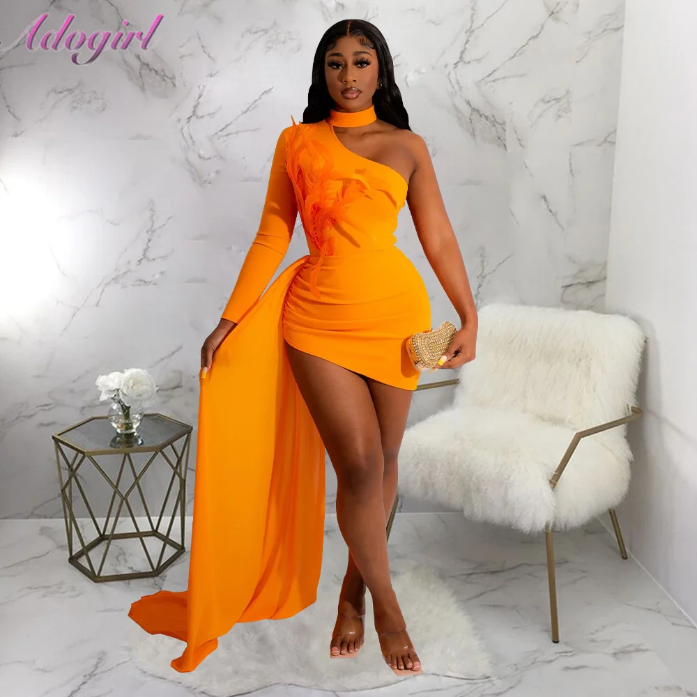

Elegant Feather One Shoulder Long Sleeve Ribbon Evening Floor Length Dress Women Sexy Outfit Party Vestido Backless Mini Dresses