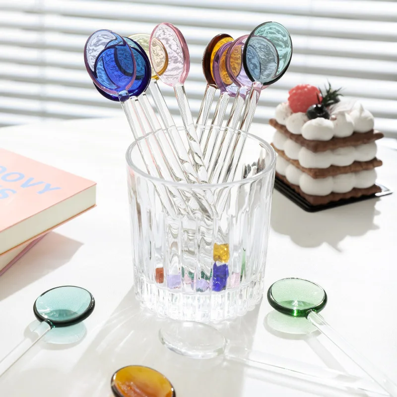 Cute Colorful Stained Glass Long Handle Stirring Spoon Coffee Milk Dessert Ice Spoon Colorful Transparent Glass