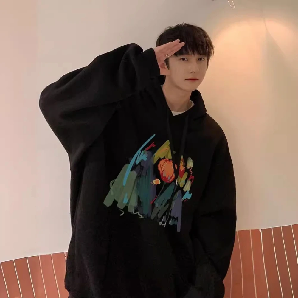 2024 Cotton Retro Men's Cotton Hooded Sweatshirt fall and winter Korean version of the padded trend American loose