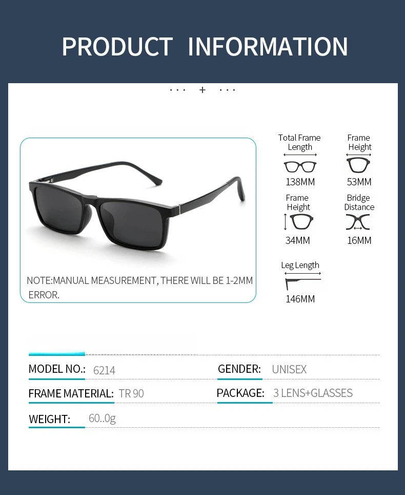 YIMARUILI Mode TR90 Magnetische Polarisierte Clip-on Gläser für Frauen Retro Quadratische Optische Brillen Rahmen Männer 6214 – Detail 3