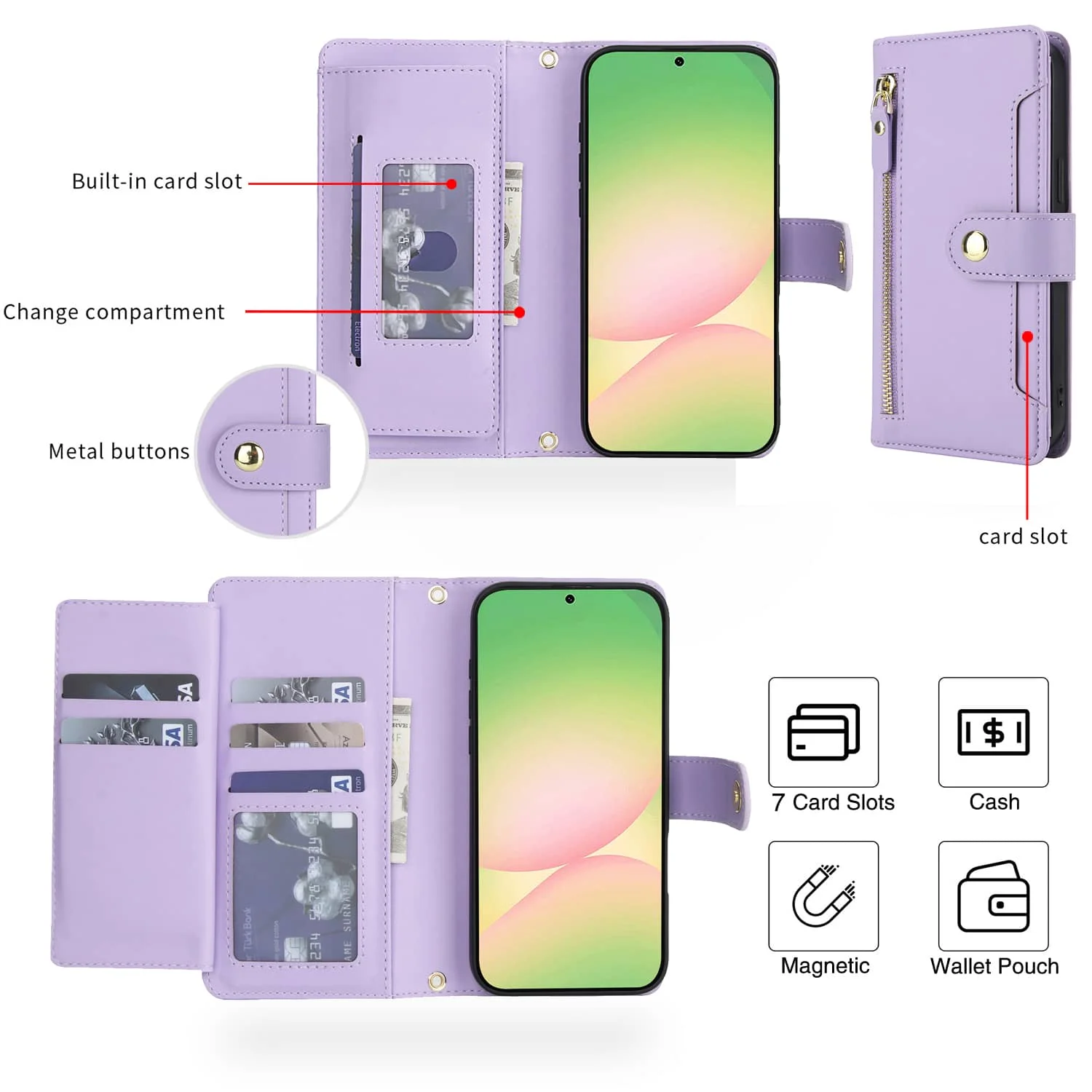 Zipper Pocket Flip Wallet Case with Card Holder Slot
