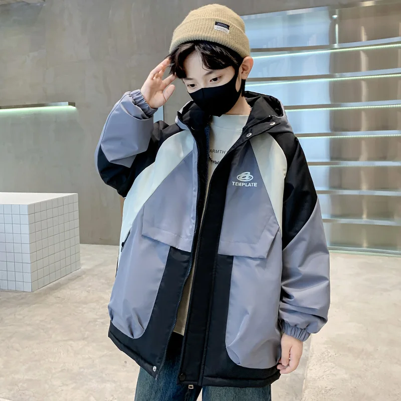 Kids Warm Patchwork Style Padded Parkas Coat For Boys Thermal Winter Jacket with Hood Jacket Zip Up Hoodie Trench Coat Outerwear