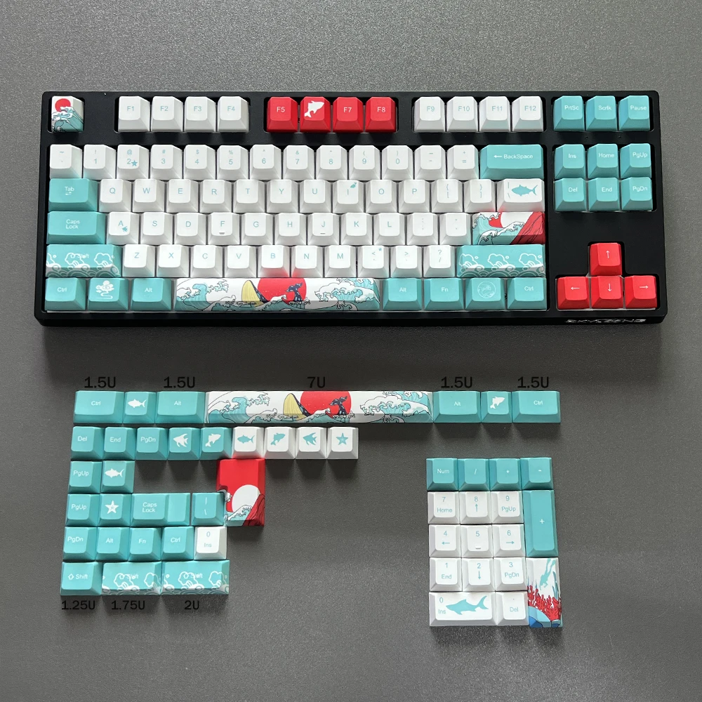 PBT Keycaps 100 Toetsen Cherry Profile Dye Sublimation Coral Sea Keycaps voor ISO/ANSI Layout 61/64/68/87 Gateron MX Switches Mechanisch Toetsenbord