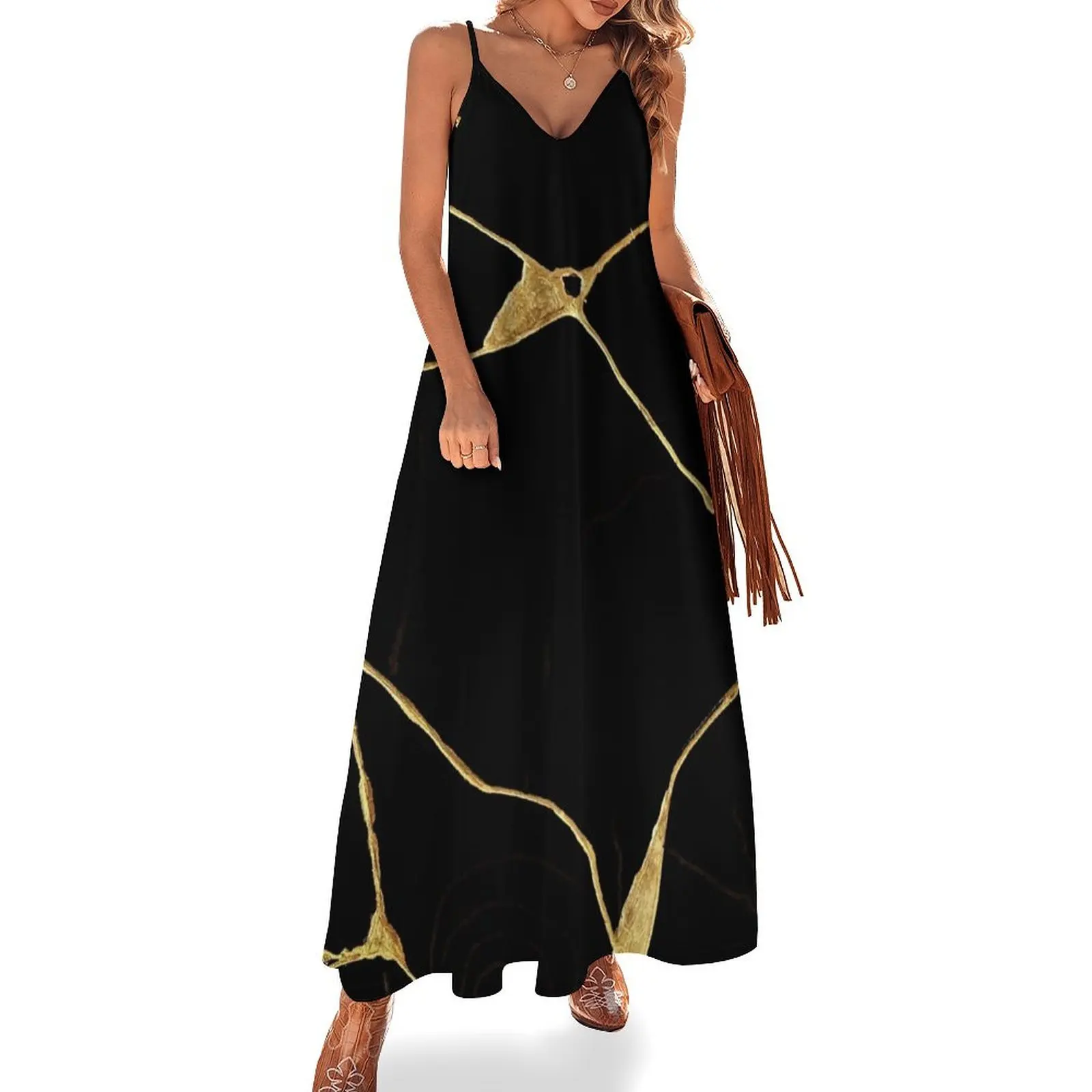 

Japanese Black and Gold Kintsugi Art Sleeveless Dress Dress vintage chic and elegant woman dress african dresses for woman