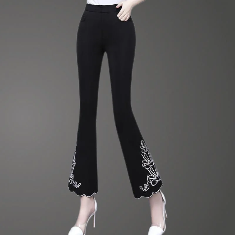 Korean Fashion Women Flare Pants Spring Summer New Office Lady Vintage Slim High Waist Embroidered Casual Daily Black Trousers