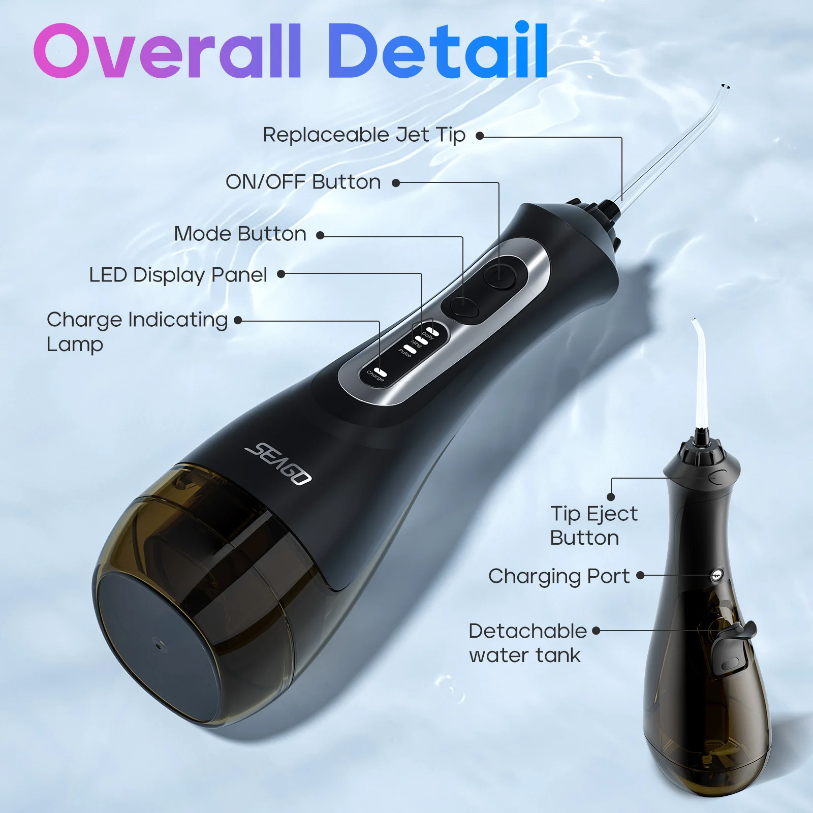 Dental Water Flosser SEAGO New Oral Dental Irrigator Portable Water Flosser USB Rechargeable 3 Modes DIY Mode IPX7 Water For Cleaning Teeth SG833