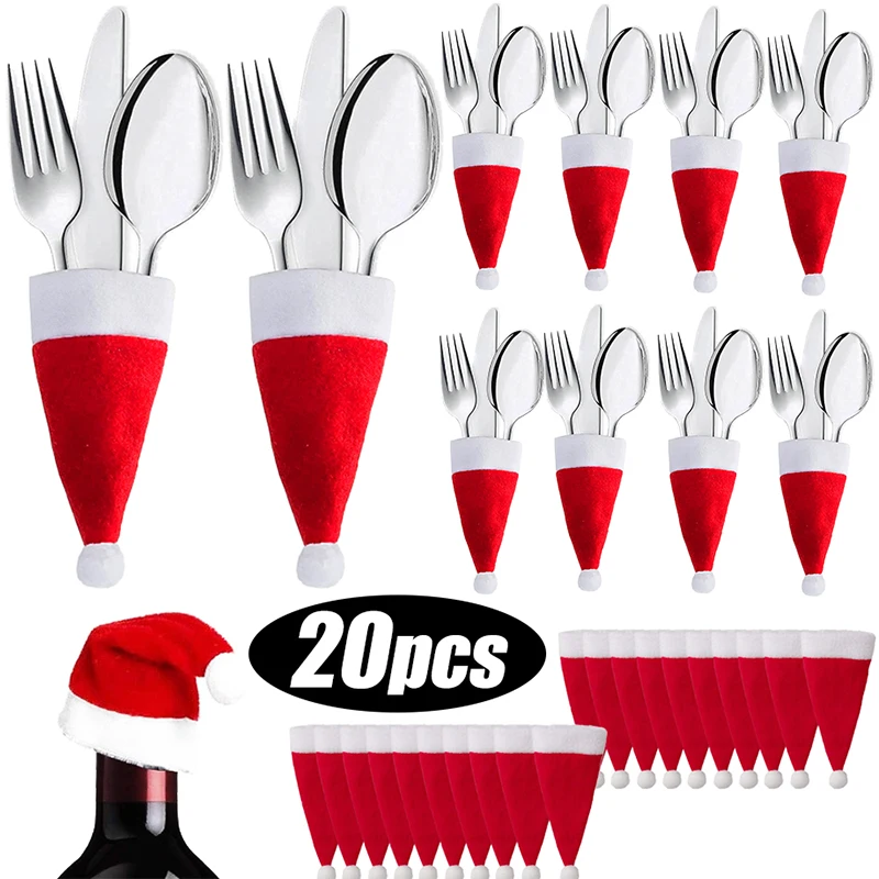 Christmas Cutlery Bag Mini Santa Hats Wine Bottle Caps Knives Forks Pocket Cover Silverware Holder Table Dinnerware Decorations