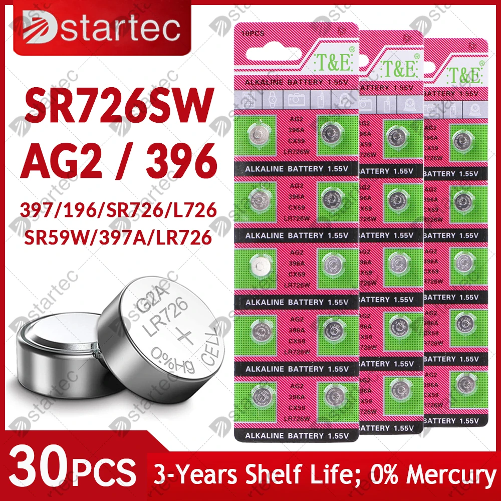 Dstartec 30Pcs Ag2 Coin Battery Lr726 396 Batteria Alcalina A Bottone 1.55V Sr726Sw 396A Lr726 397 Per Orologi Giocattoli No Mercury