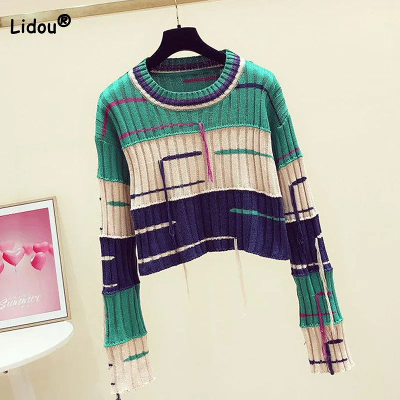 

Women's Clothing Vintage Fashion Tassel Spliced Sweaters Autumn Winter Female Casual Short Contrast Color Striped Knitted Tops