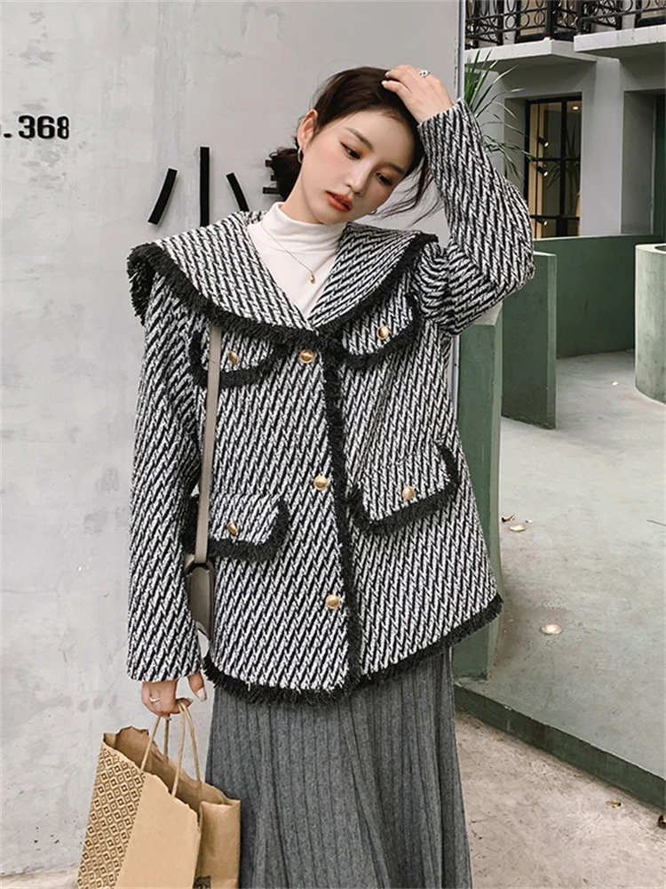 

Женская твидовая куртка с матросским воротником, винтажная однобортная шерстяная куртка с кисточками в клетку, модель 2022 на осень и зиму, 2215