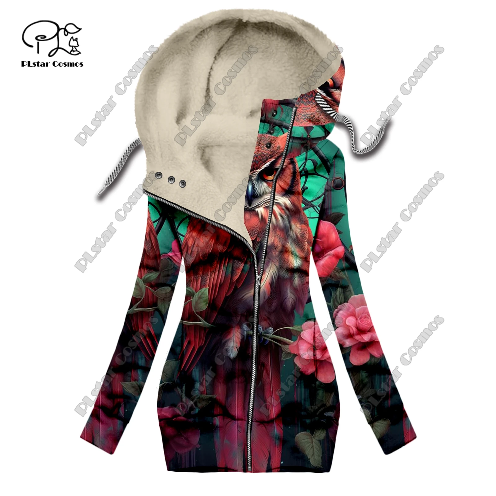 New 3D printed animal series cute owl pattern plus velvet warm women's long zipper hoodie coat commuting casual winter M-6