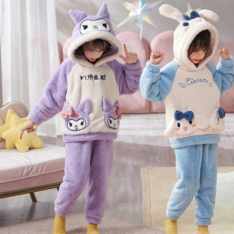 

Sanrios Mymelody Cinnamoroll Kuromi Cartoon Autumn Winter Kids Flannel Hooded Pajama Sets round neck pullover girls home clothes