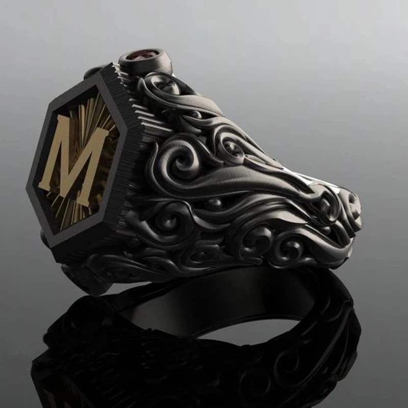 Signet Ring Classic Retro Black Men Gold Color Carving M Letter Steampunk For Birhday Gift Party Gothic Jewelry