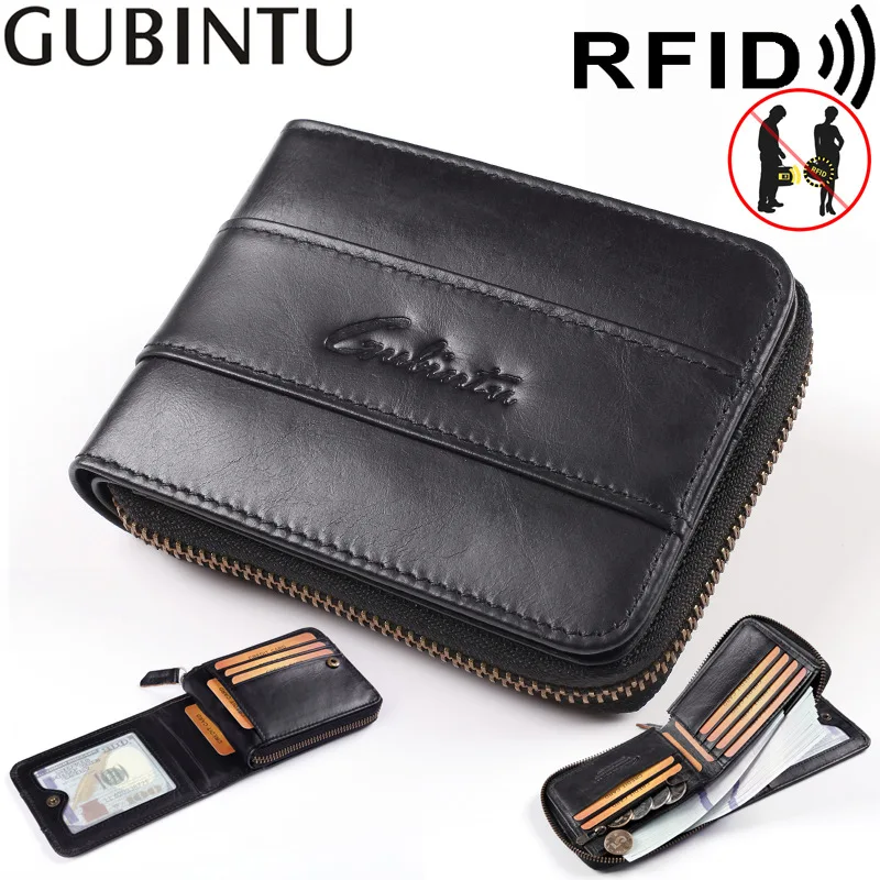 

GUBINTU 100% Genuine Leather Men Wallet Zipper Coin Purse RFID Blocking Credit Card Holder Card Wallet Vintage Wallet for Men