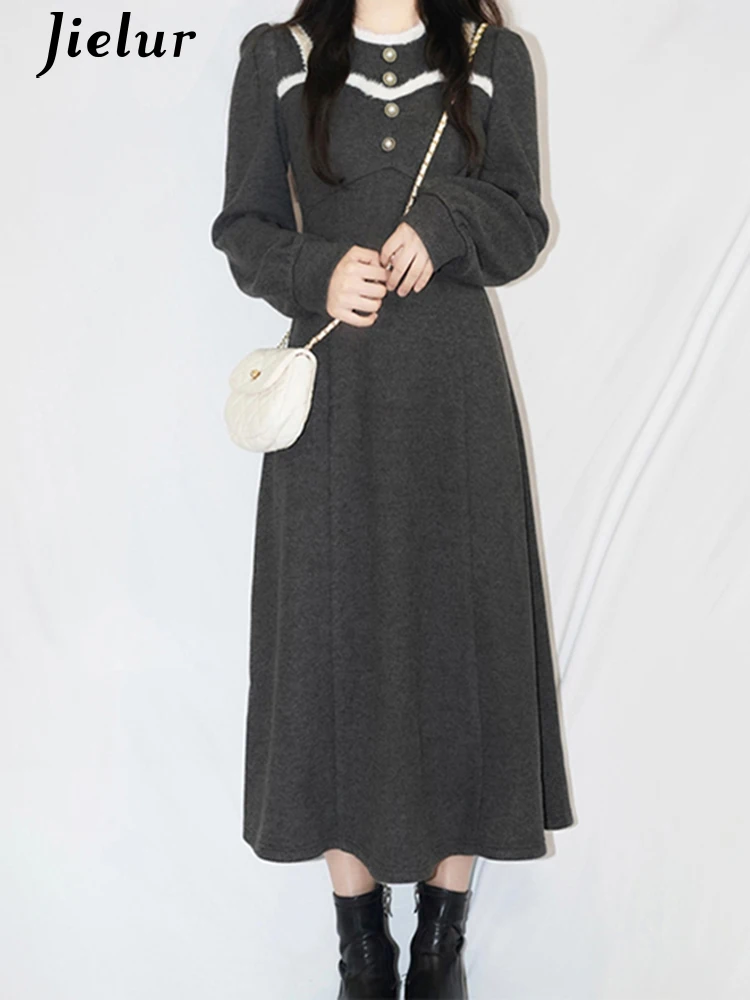 

Jielur New Korean Vintage Basic A-Line Slim Pure Color Chic Female Dresses Sweet Casual Office Ladies Autumn Women Long Dresses