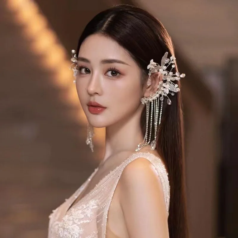 

Handmade Delicate Fairy Ear Hang Headwear Crystal Hairpin Tassel Side Clip Graceful Bridal Wedding Hair Accessories