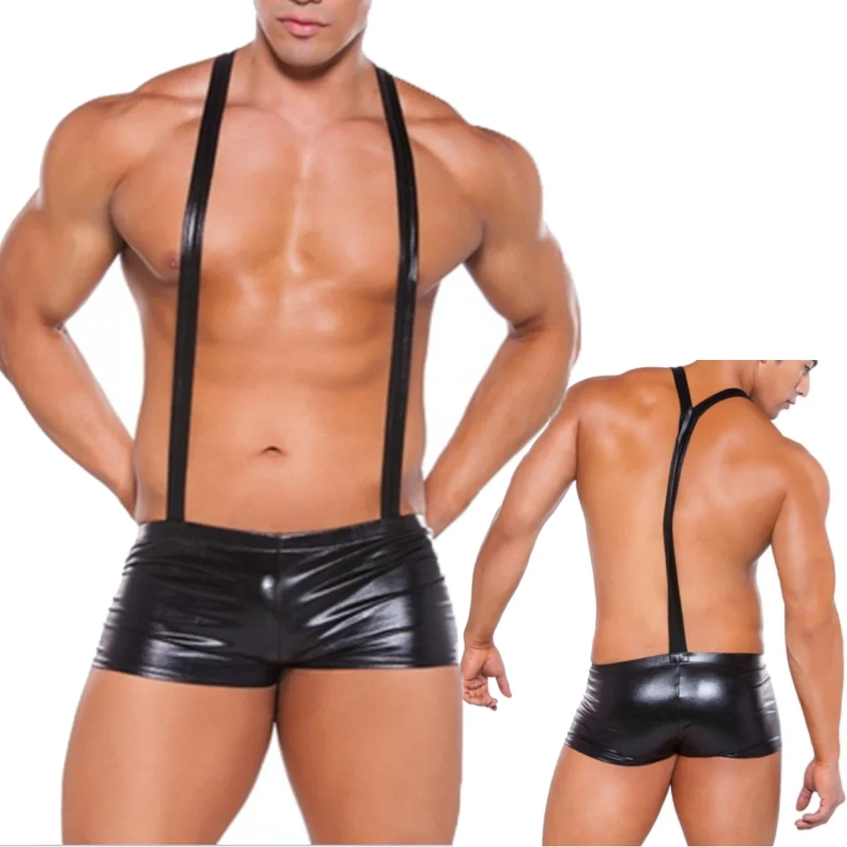 Sexy Men Patent Leather Bodysuits Shorts Black Wetlook Panties Braces Rompers Suspender Trousers Strap Jumpsuits Night Club Wear men s denim bib overalls fashion pocket jumpsuit men loose jeans suspender pants hip hop straight leg trousers black grey blue