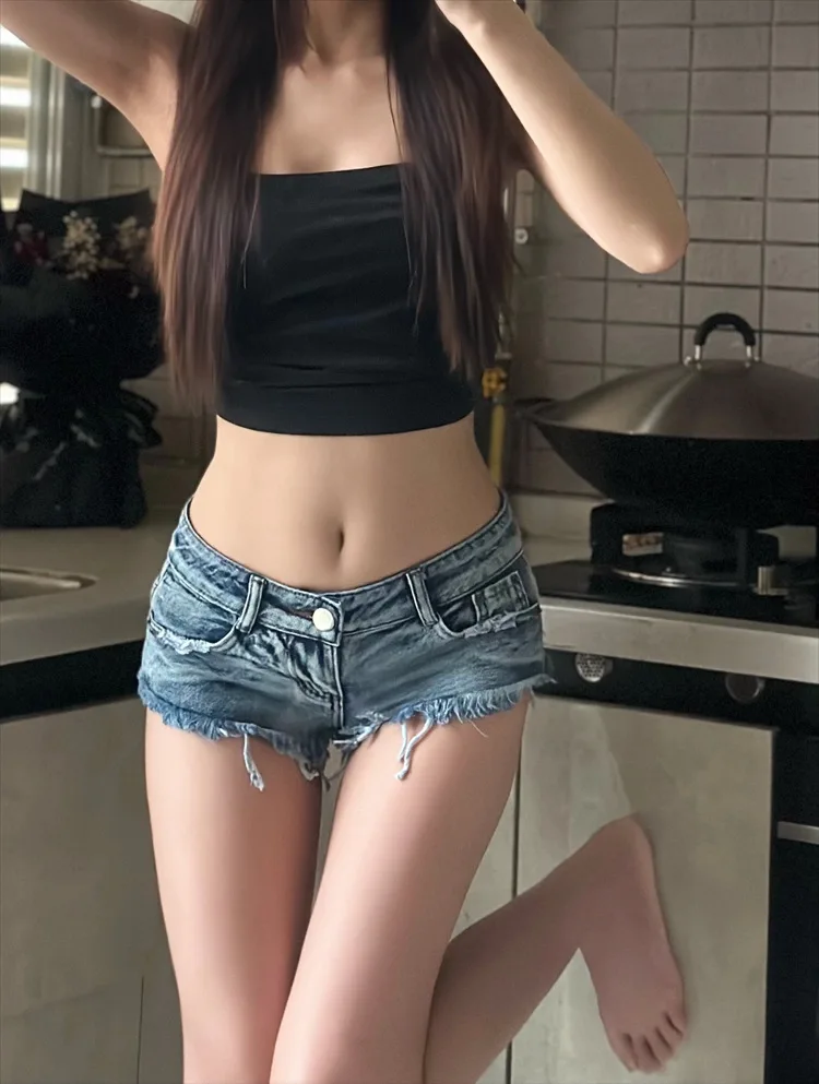 2026 Summer New Women Washed Blue Sexy Low Rise Ultra Short Denim Shorts Raw Shorts Female Jeans_ecoleips.com