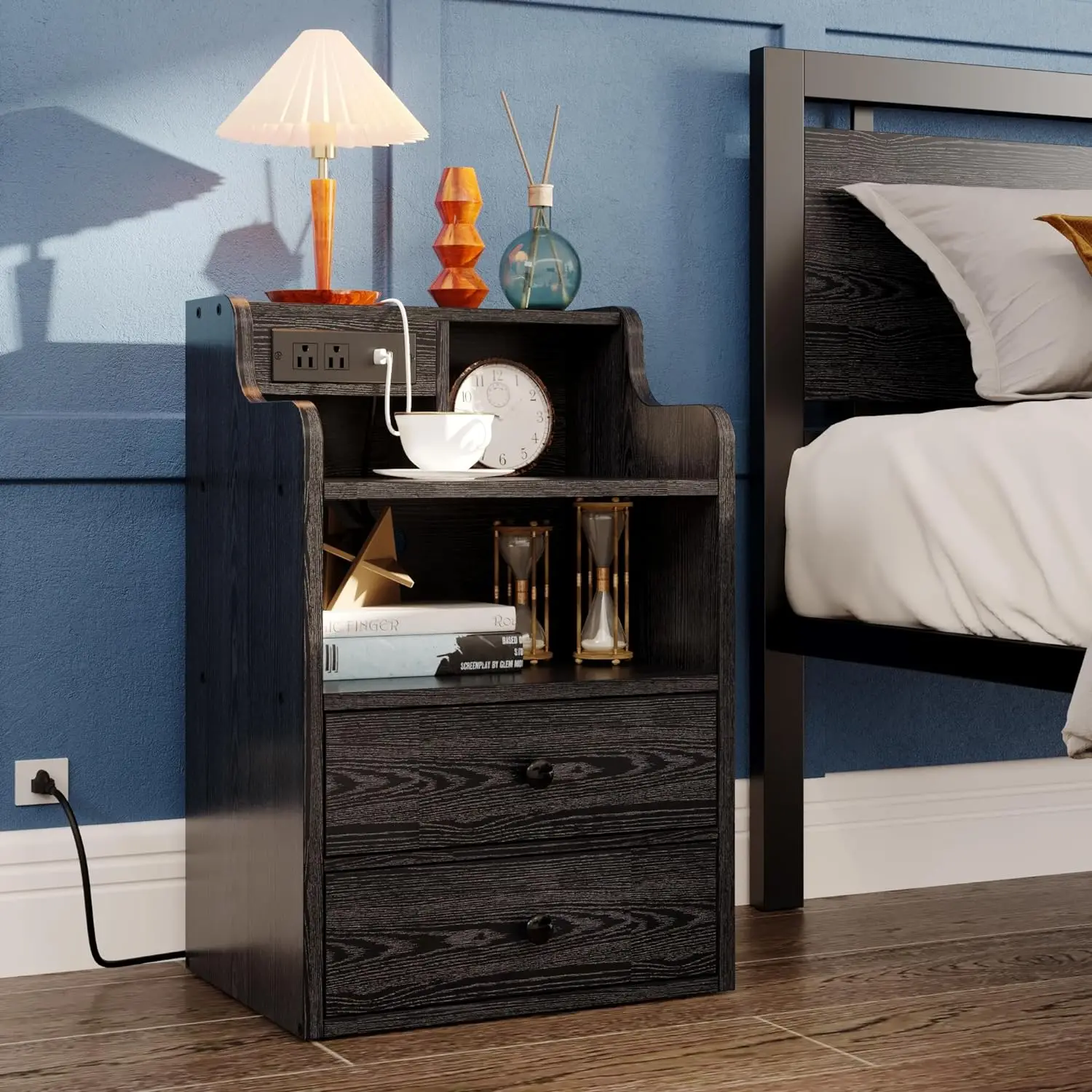 

Black Nightstand with LED Charging Station 2 Drawers and Storage Shelves, Left and Right Interchangeable Sockets Bed Side
