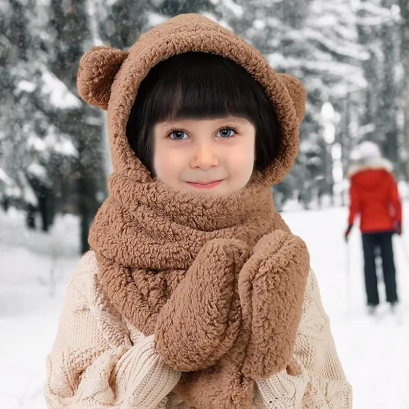 Winter Cartoon Child Hat Scarf Bear Ear Hat Scarf Gloves Set 3 in 1 Keep Warm Casual Plush Hats Thicken Neck