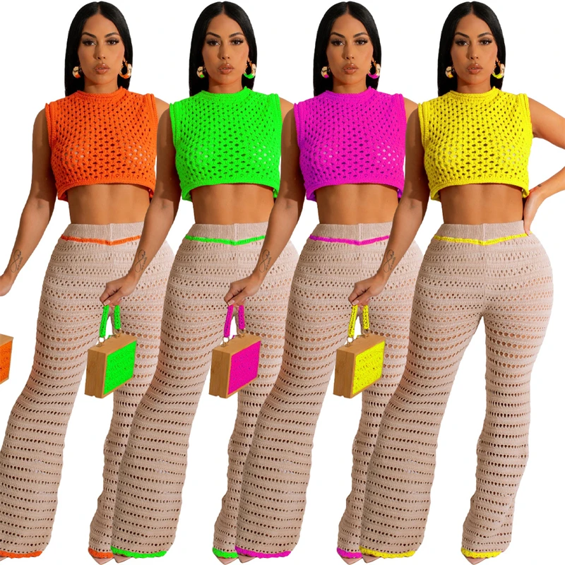Hollow Out Round Neck Top and Pants Sweater Cover Up Set