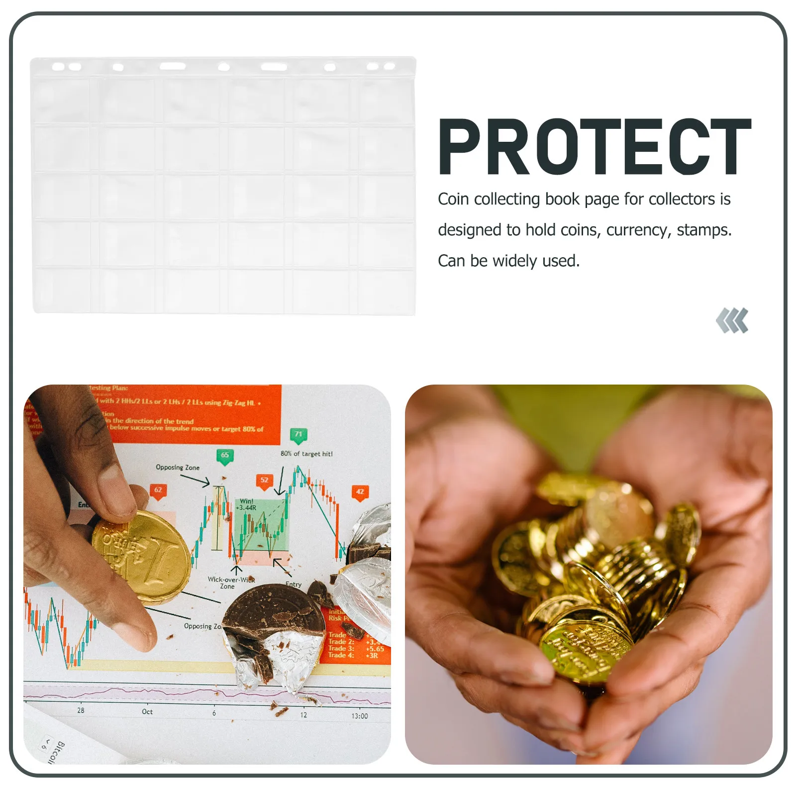 10매 동전 수집 페이지 9홀 PVC 슬리브 바인더 인서트 30슬롯 내구성 있는 투명 디자인 동전 보관 사진 앨범