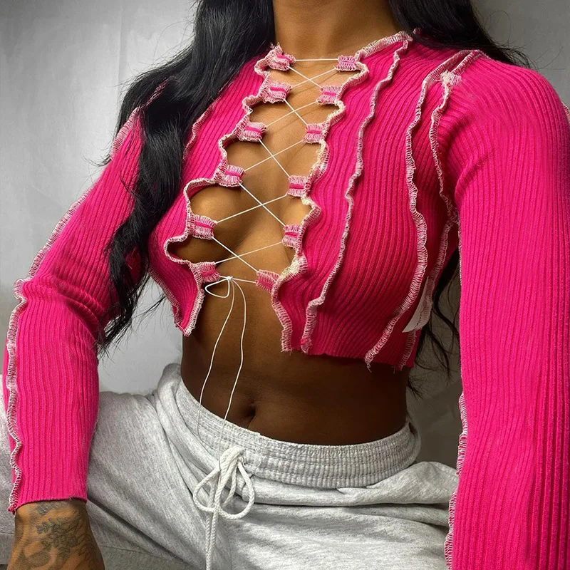 

Patchwork Lace Up Long Sleeve Crop Tops Women 2022 Ribbed Sexy Party Knitwear T-Shirt Hollow Out Bodycon Club Tie Front Tops y2k