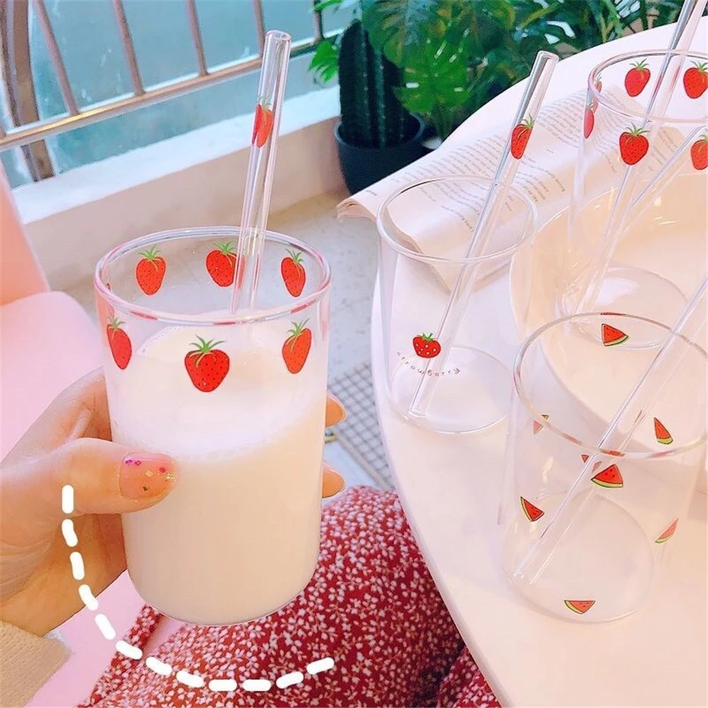 Creative Strawberry Cute Glass Cup With Straw Transparent Water