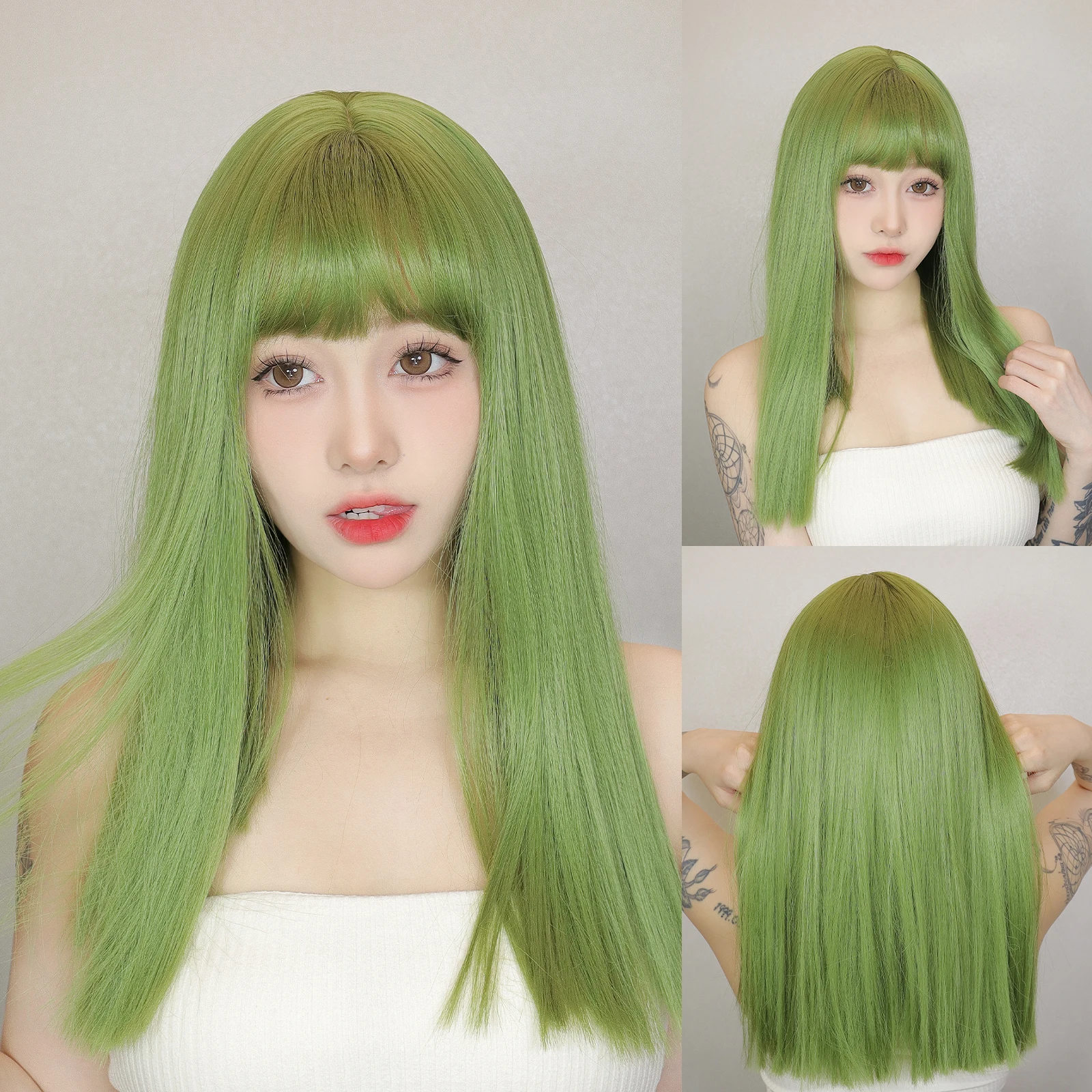 

Long Straight Wigs for Women Avocado Green Synthetic Wigs with Bangs Natural Hairline Daily Use Cosplay Heat Resistant