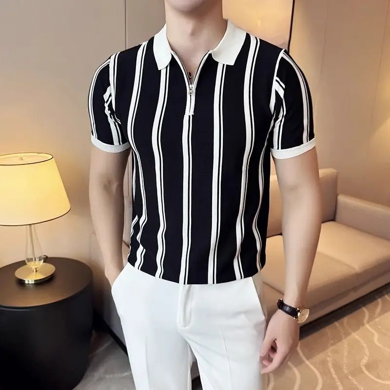 Summer Men's Striped Polo Shirt with Zipper Collar