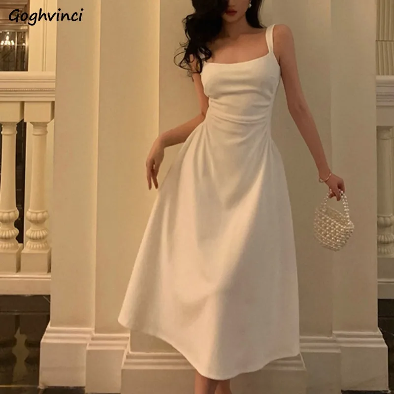 1pc Women Elegant Solid Color High-Low Ruffle Hem Spaghetti Strap Mid-Length Dres | ChicGrl