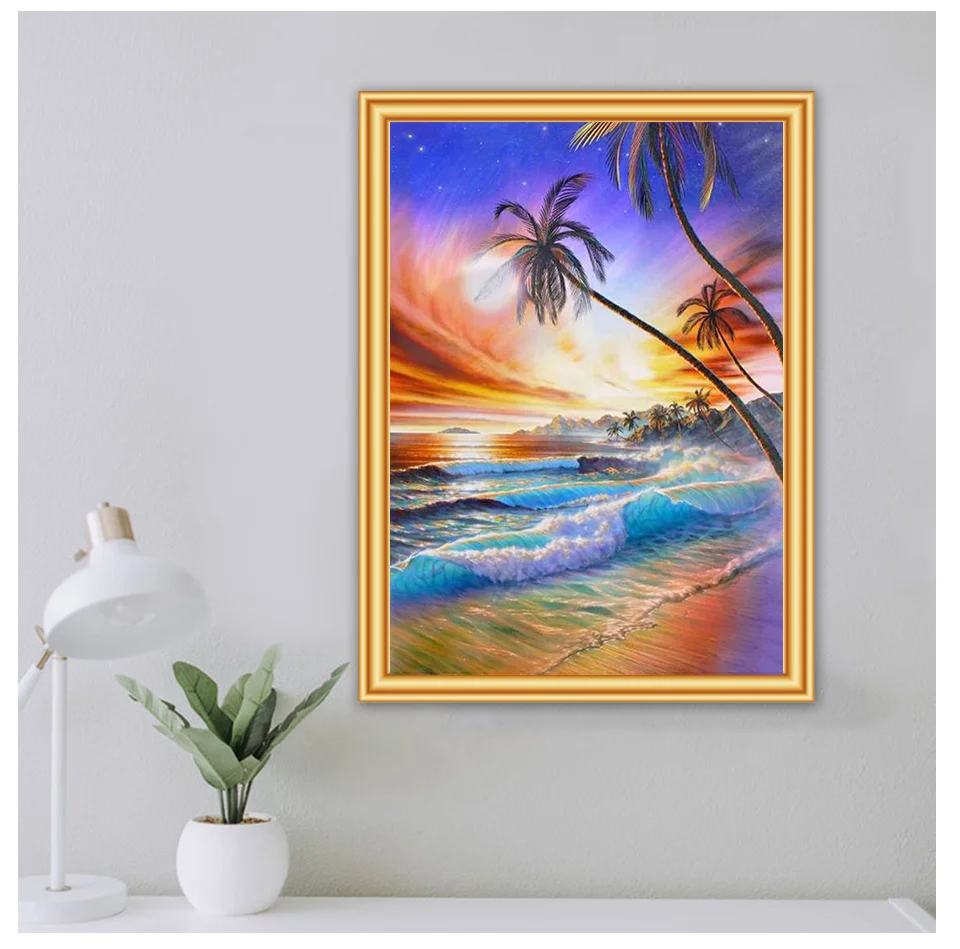 5D DIY Diamond Painting Landscape Sunset Sea Full Drill Embroidery Beach Scenery Mosaic Art Picture of Rhinestones Home Decor