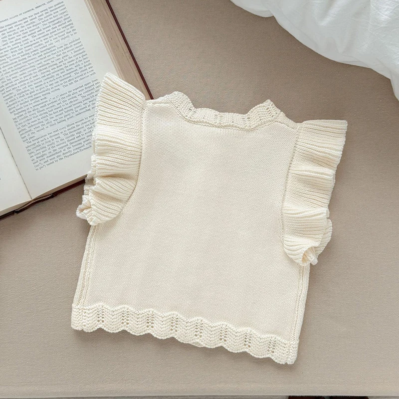 2025년 신상 가을 0-3세  여아 민소매 꽃 자수 니트 가디건 코트  여아 니트 조끼