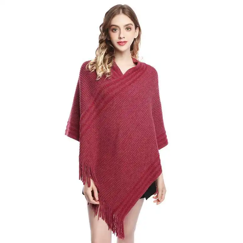 Korean Spring Autumn Hot Selling Imitation Wool Cloak Shawl Knitted Female Tassel Warm Covering Lady Coat Watermelon Red women autumn winter scarf lady cashmere feeling muffler spring fall large blanket double sided shawl soft warm wrap wholesale