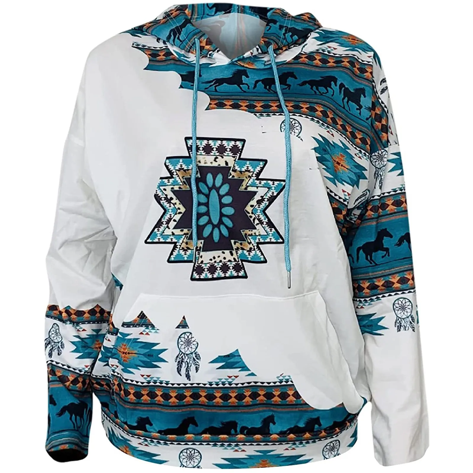 Womens Casual Geometric Horse Print Long Sleeve Drawstring Pullover Tops, Ethnic Style Hooded Sweatshirt 5