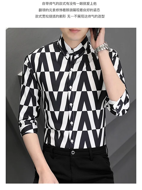Description Picture 3 of itemBrand Plaid Shirts Men Fashion Quarter sleeve Loose Casual Shirts 2024 Spring Summer Streetwear Social Party Tuxedo Blouse M-4XL