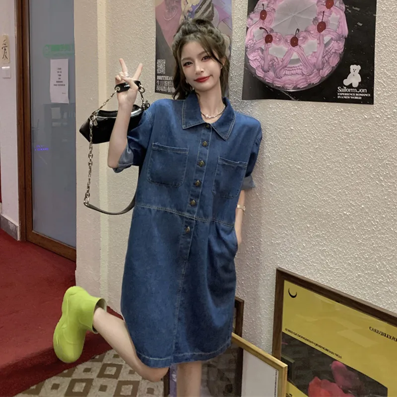 

2023 Dress Summer New Large Hong Kong Style Wash Denim Polo Pockets Loose And Slim Short Sleeves Package Shipping
