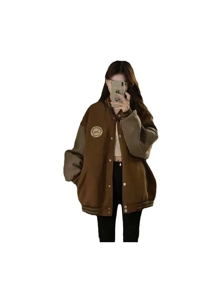 여성용 두꺼운 플리스 야구 재킷 루즈핏 오픈 가디건 스웨트셔츠 트렌디 가을 겨울 스포츠웨어 캐주얼 의상