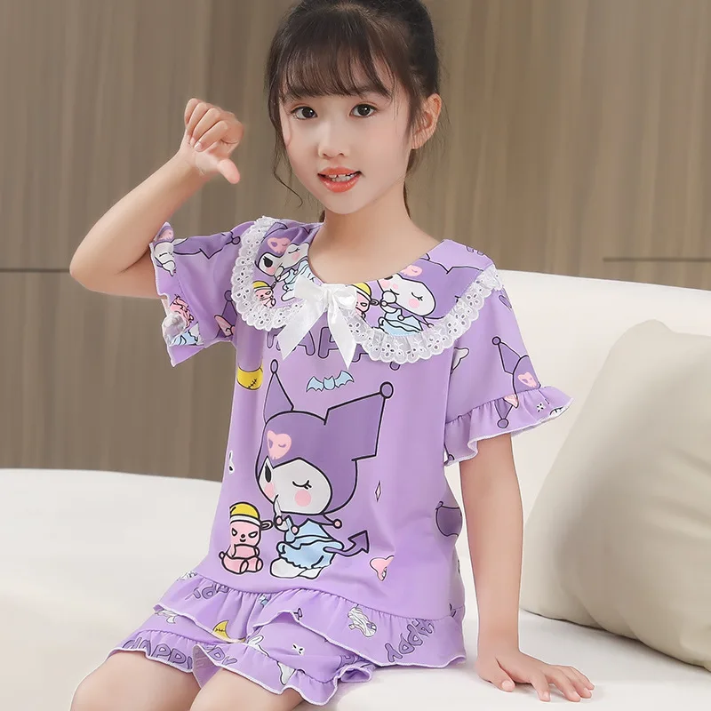 طقم بدلة منزلية للأميرة الكرتونية الرقيقة بأكمام قصيرة للفتيات ملابس مريحة على طراز الأميرة اللطيفة