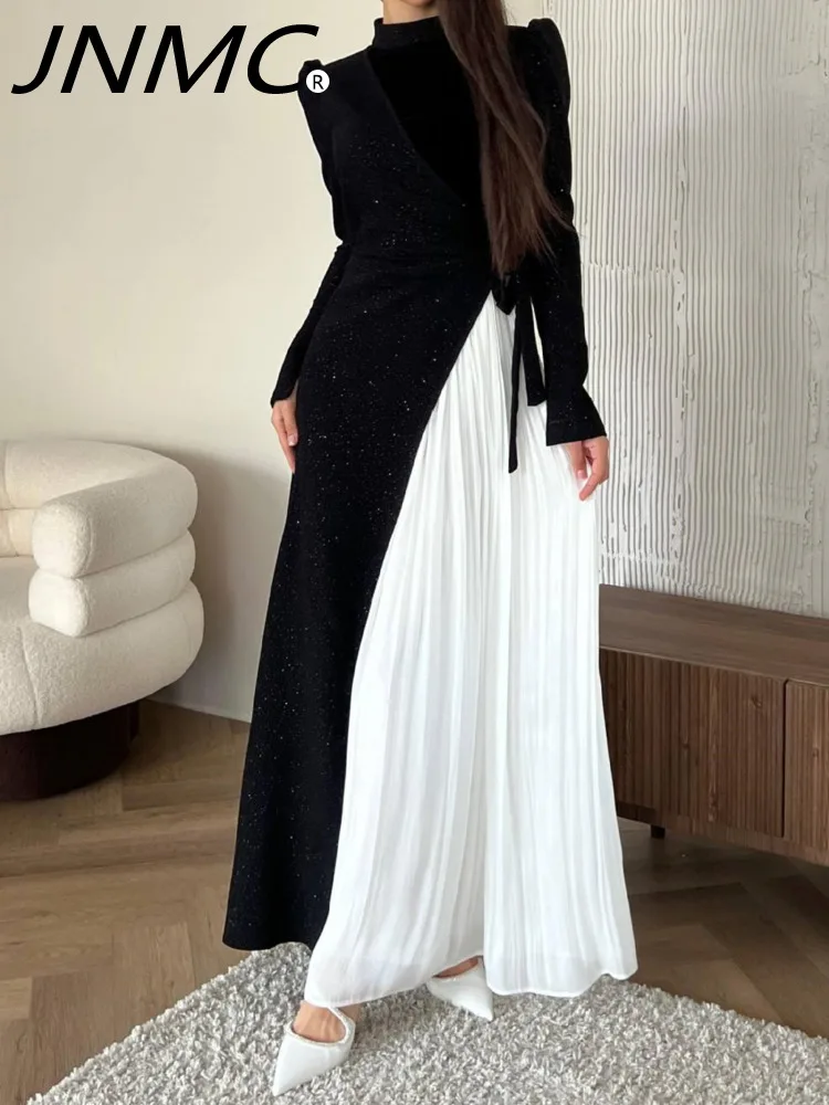 

JNMC Women's Fashion Black And White Patchwork Design Feel Pleated Fake Two Dresses Half High Neck Lace-up Floor-length Dress