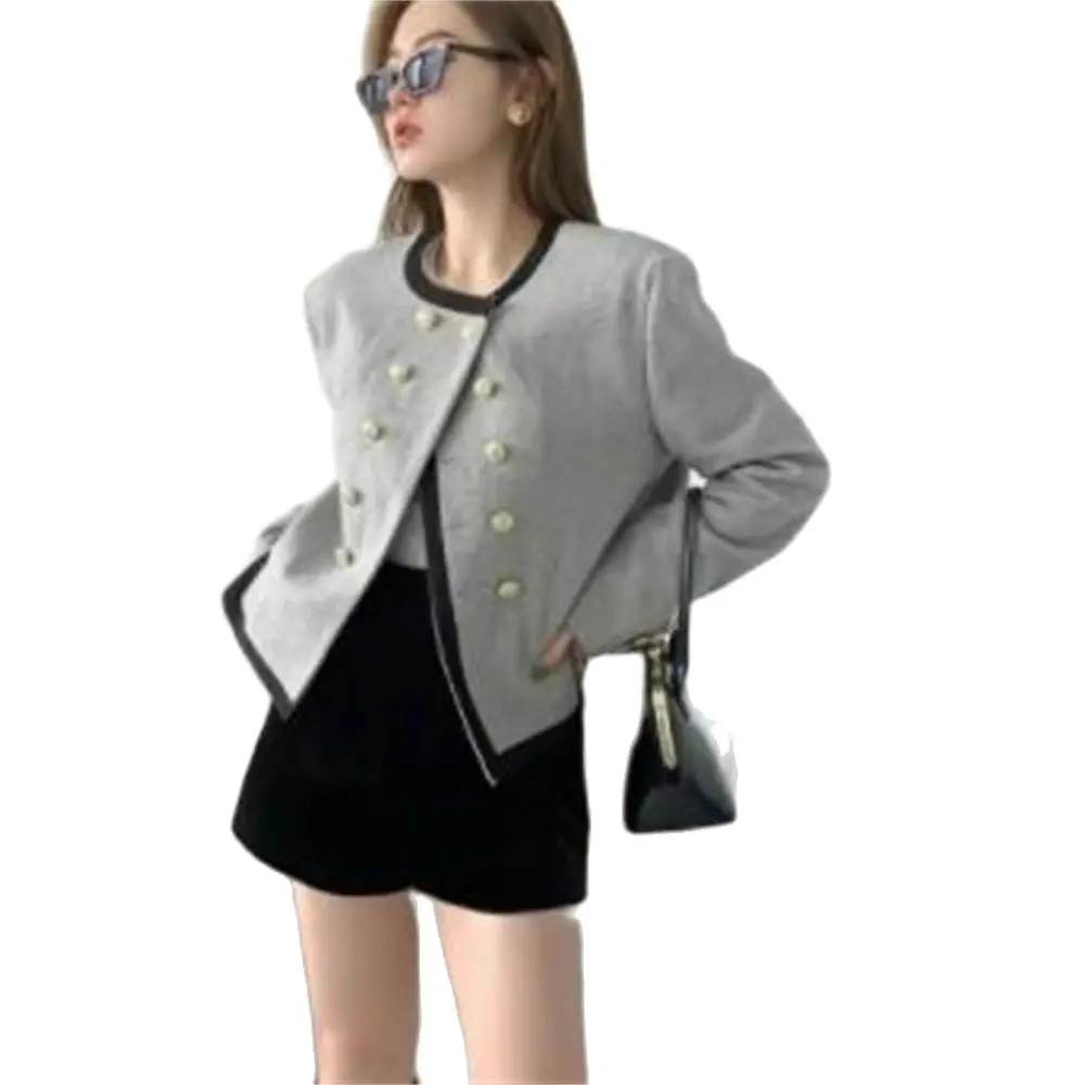 

2024 Spring Autumn New Outwear Tops Korean Contrast Color Double Breasted O-Neck Coat Fashion Short Women Jacket