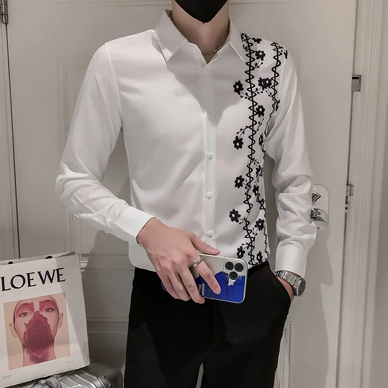 

2023 New Men's Prom Party Casual Shirts Black White Fashion Business Wedding Banquet Dress Shirt Men Long Sleeve No-iron Tops