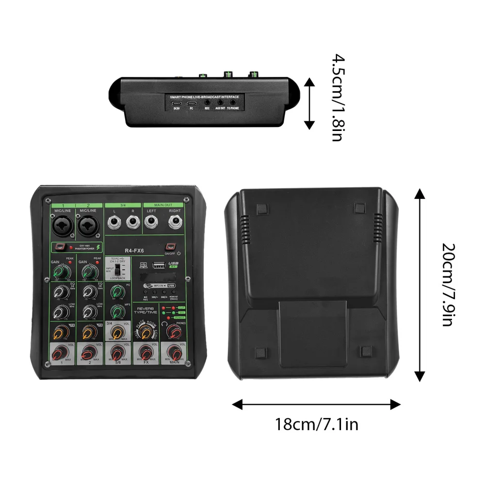 6 Way Audio Mixer 48V Phantom Power OTG Mixing Console USB MP3 Player with Record BT Sound Console Professional Audio Equipment