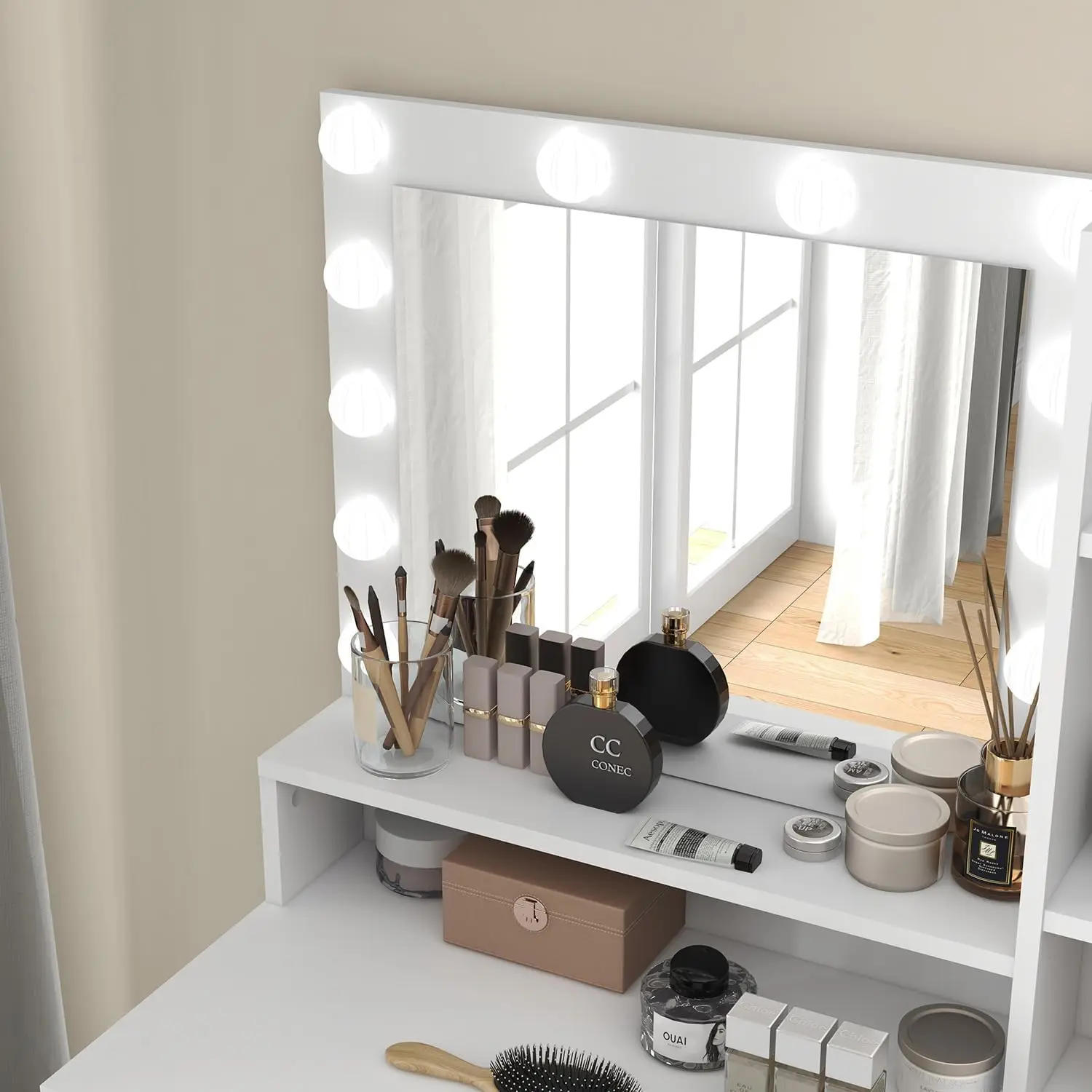 Vanity Desk Vanity Mirror with Lights and Table Set with 1 Big Drawers 1 Cabinet & 4 Shelves Makeup Vanity Set 3 Lighting Modes