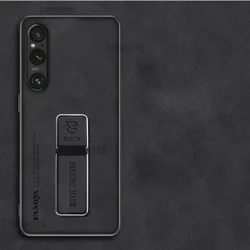 Sheepskin Leather Matte Silicone Bumper Kickstand Holder Cover for Sony Xperia 5 V (Black)