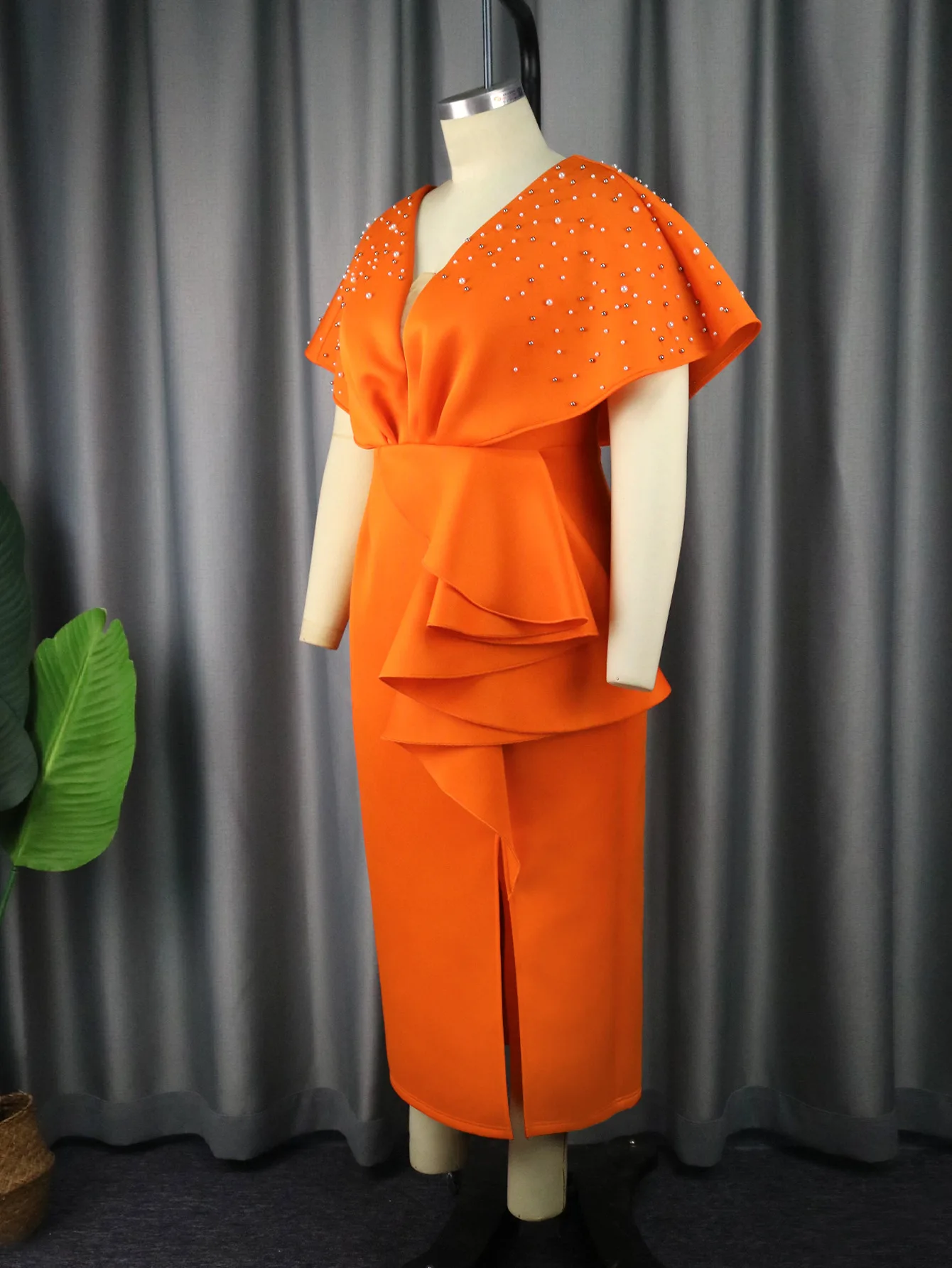 Plus Size Evening Dress Women Pearl Ruffle Split Chubby Cloth Female Casual Elegant Robe 2023 Summer Sale New Party 4xl Dress