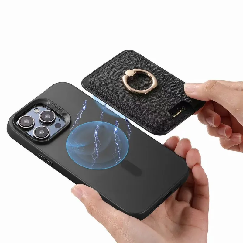 Leather Magnetic Card Holder Wallet with Finger Ring Stand